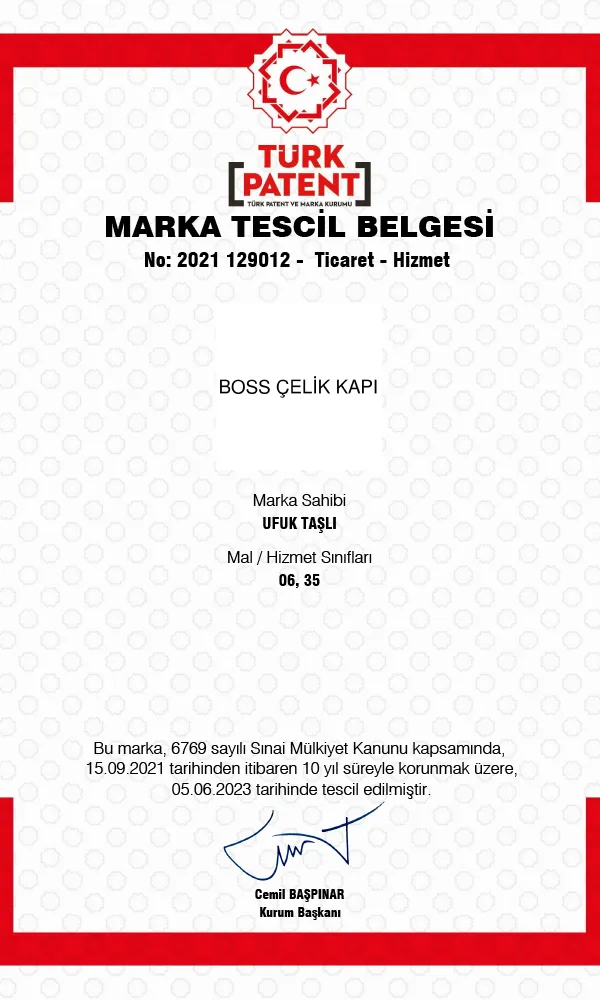 Sertifikalarımız 1 Boss Marka Tescil