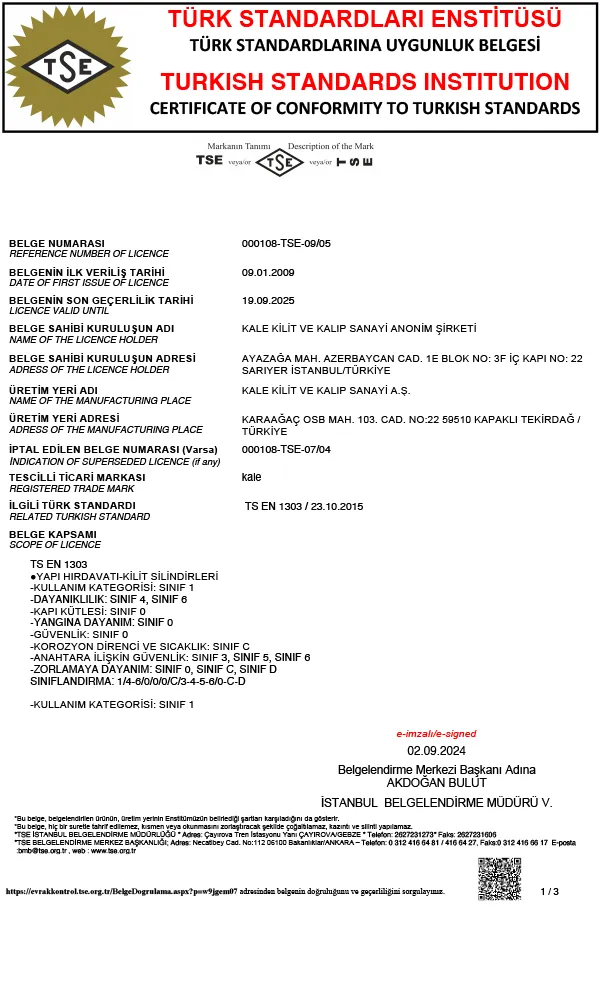Sertifikalarımız 2 Kale Kilit Celik Kapi Kilit Sertifikasi