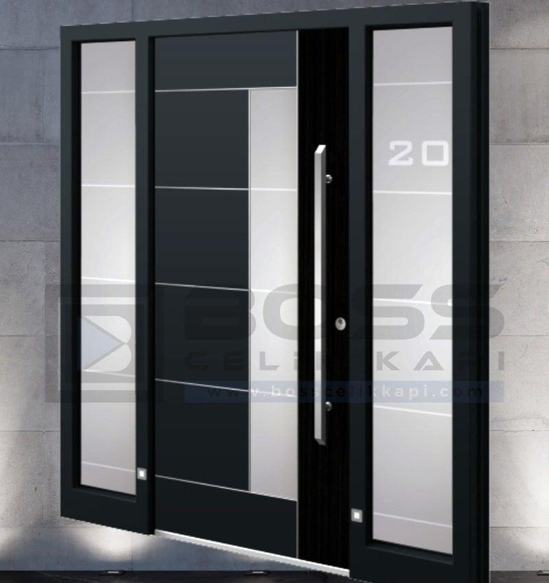 Çizgili Camlı Siyah Modern Villa Kapısı