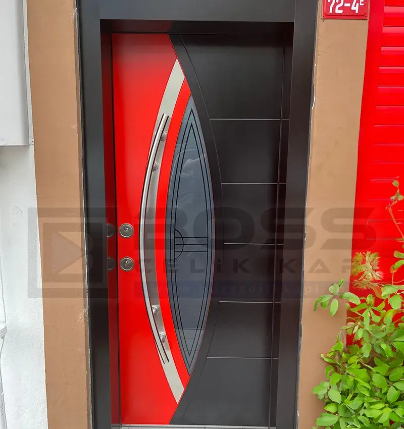 Camlı Kırmızı Siyah Çelik Kapı Damla