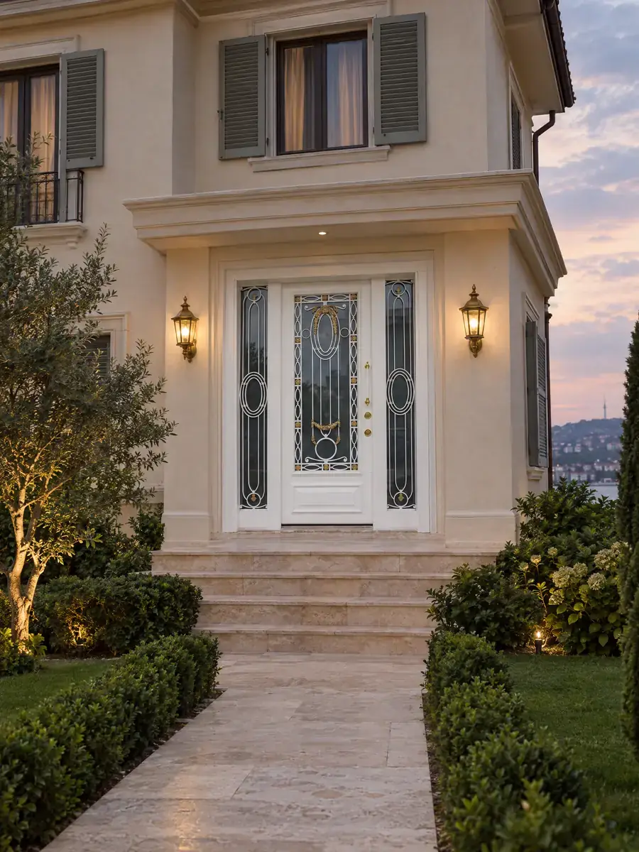 Beyaz Altın Detaylı Ferforjeli Villa Kapısı Elara 5 Beyaz Altın Detaylı Ferforjeli Villa Kapısı Elara, Villa Cephesinde Akşam