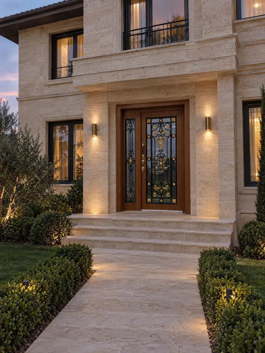 Ceviz Altın Detaylı Ferforjeli Kompakt Villa Kapısı Isolde 5 Ceviz Altın Detaylı Ferforjeli Kompakt Villa Kapısı Isolde, Villa Cephesinde Akşam