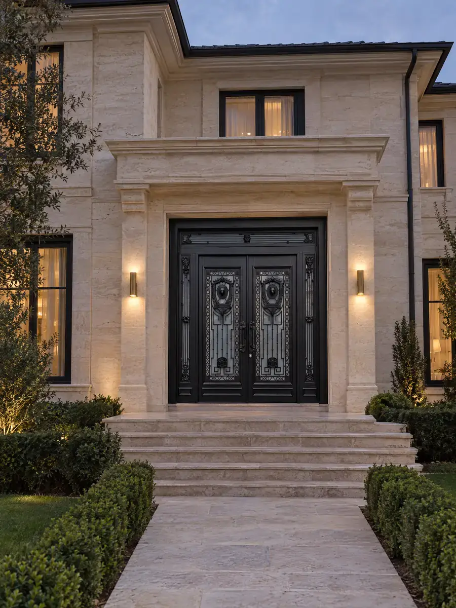 Siyah Ferforjeli Villa Kapısı Aurelia 4 Siyah Ferforjeli Villa Kapısı Aurelia, Villa Cephesinde Akşam